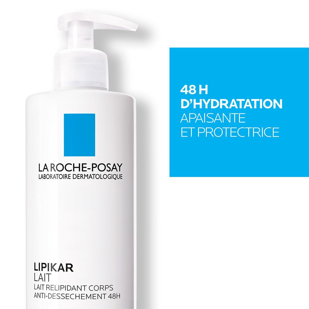 Flacon blanc avec pompe. LA ROCHE-POSAY LIPIKAR Lait. Hydratation 48H. Apaisant et protecteur.