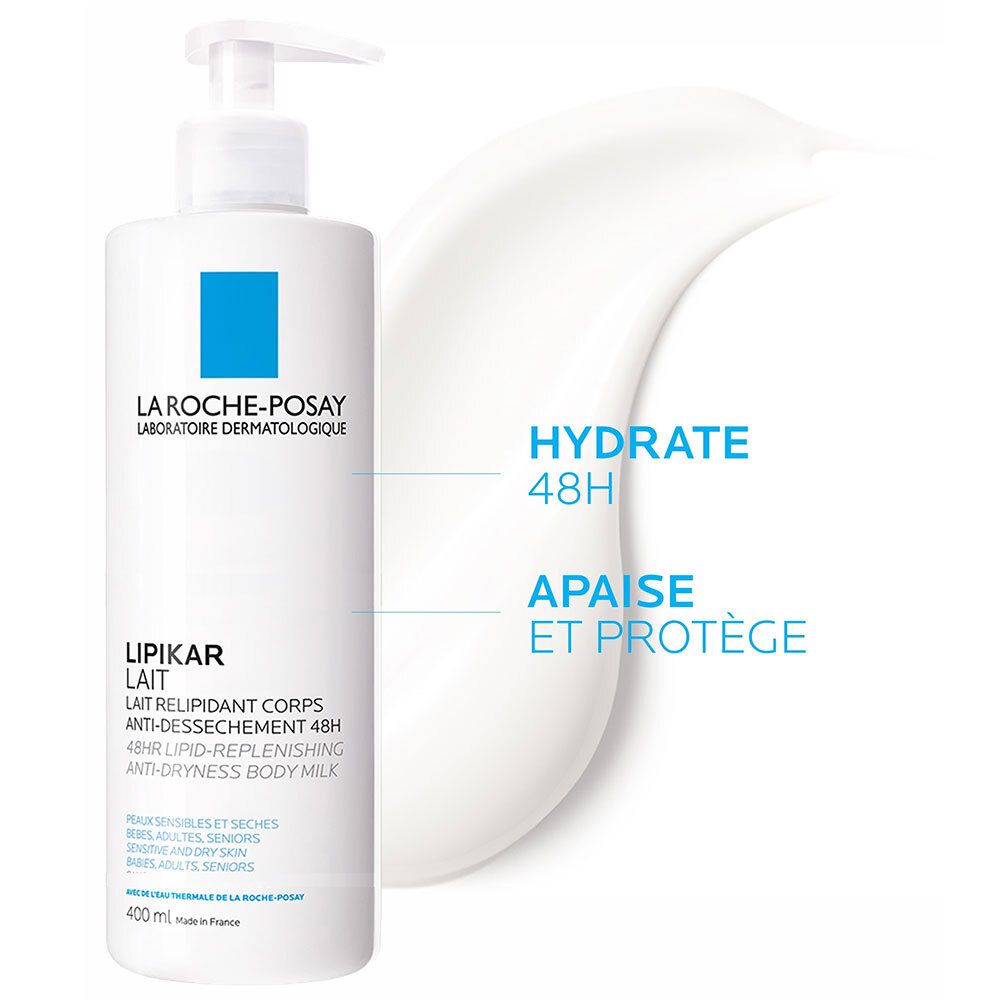Flacon blanc avec pompe. LA ROCHE-POSAY LIPIKAR Lait. Hydrate 48H. Apaise et protège.