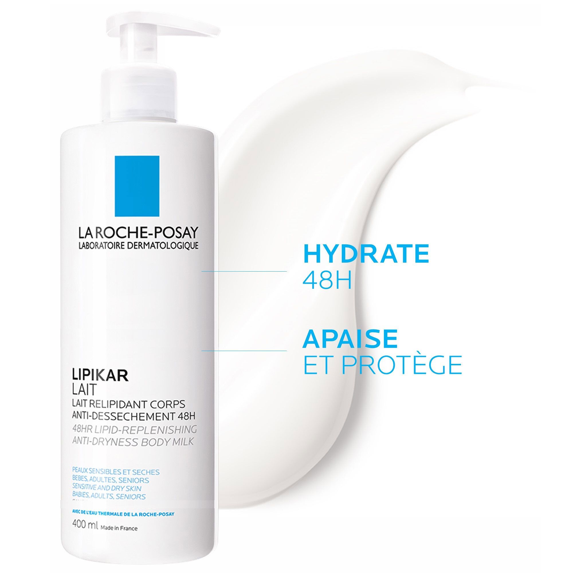 Flacon blanc avec pompe. LA ROCHE-POSAY LIPIKAR Lait. Hydrate 48H. Apaise et protège.