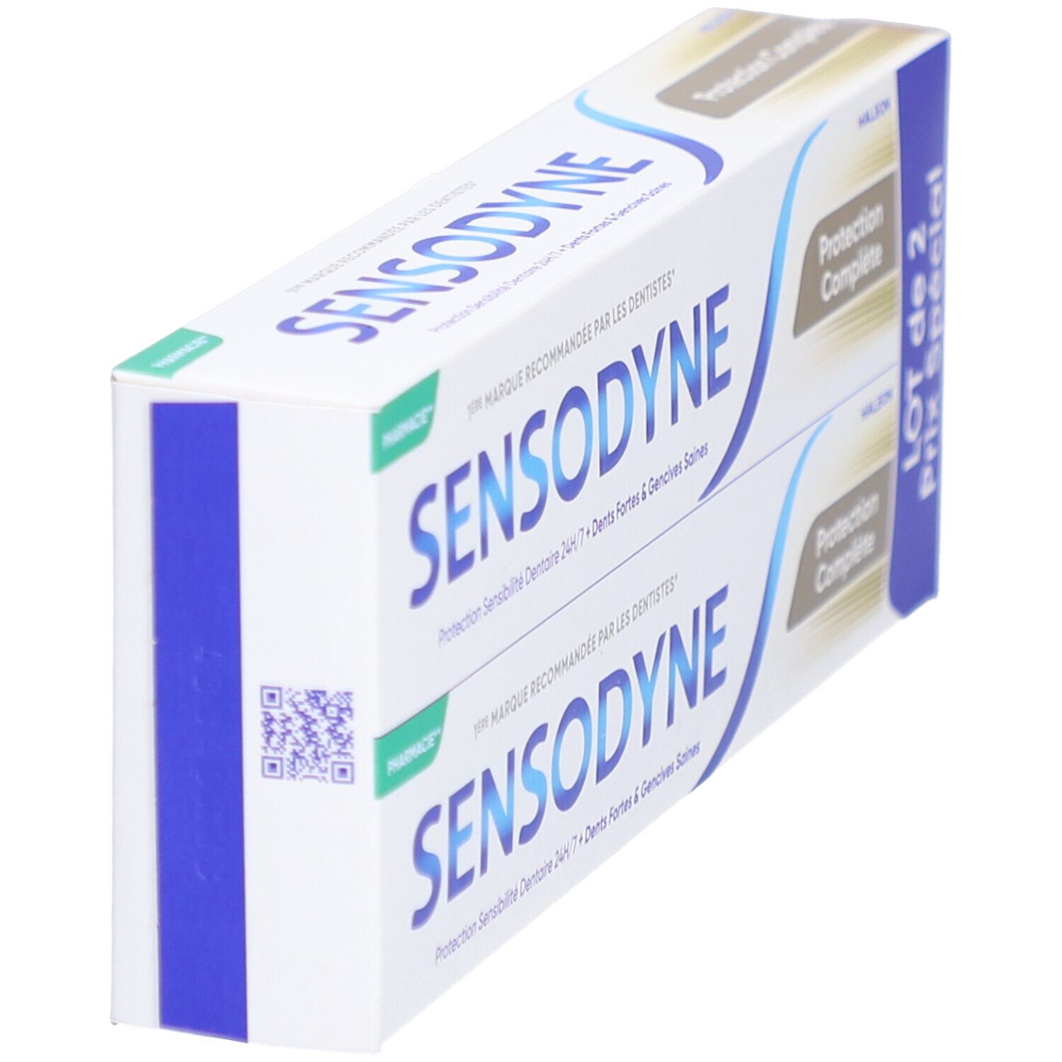 Boîte de deux tubes de dentifrice Sensodyne. Inscription: Protection Complète. Emballage bleu et blanc.