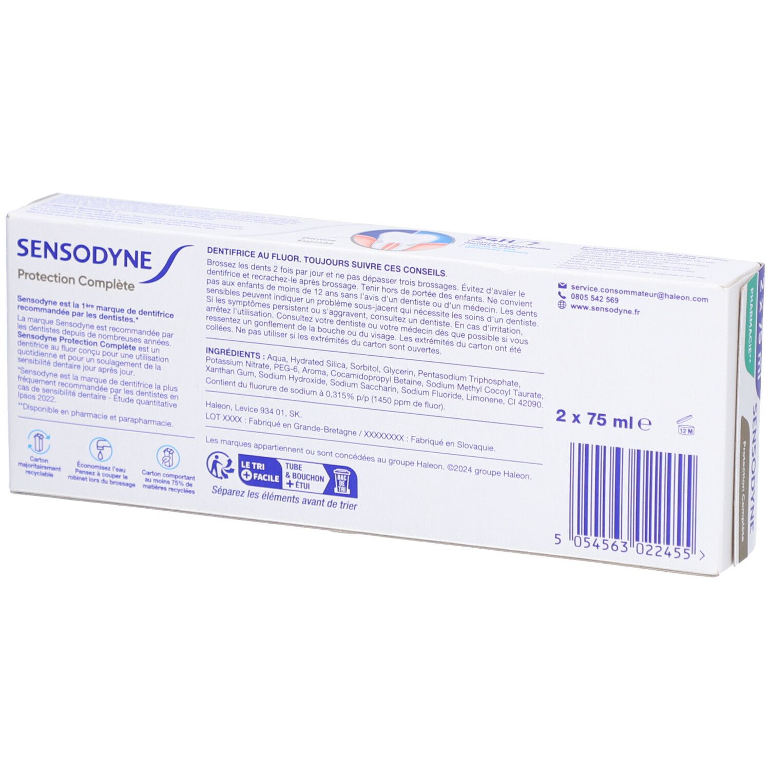 Dos de l'emballage du dentifrice Sensodyne. Contient des informations sur les ingrédients et le mode d'emploi.