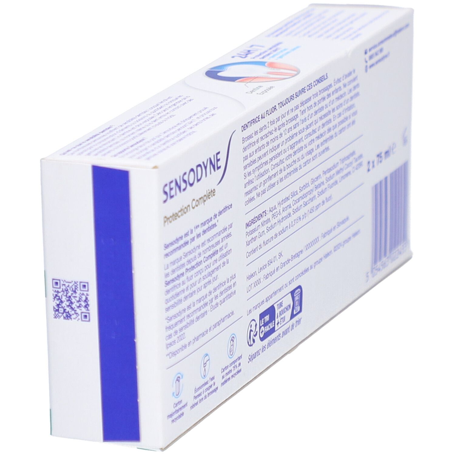 Dos de l'emballage du dentifrice Sensodyne. Contient des informations sur les ingrédients et le mode d'emploi.