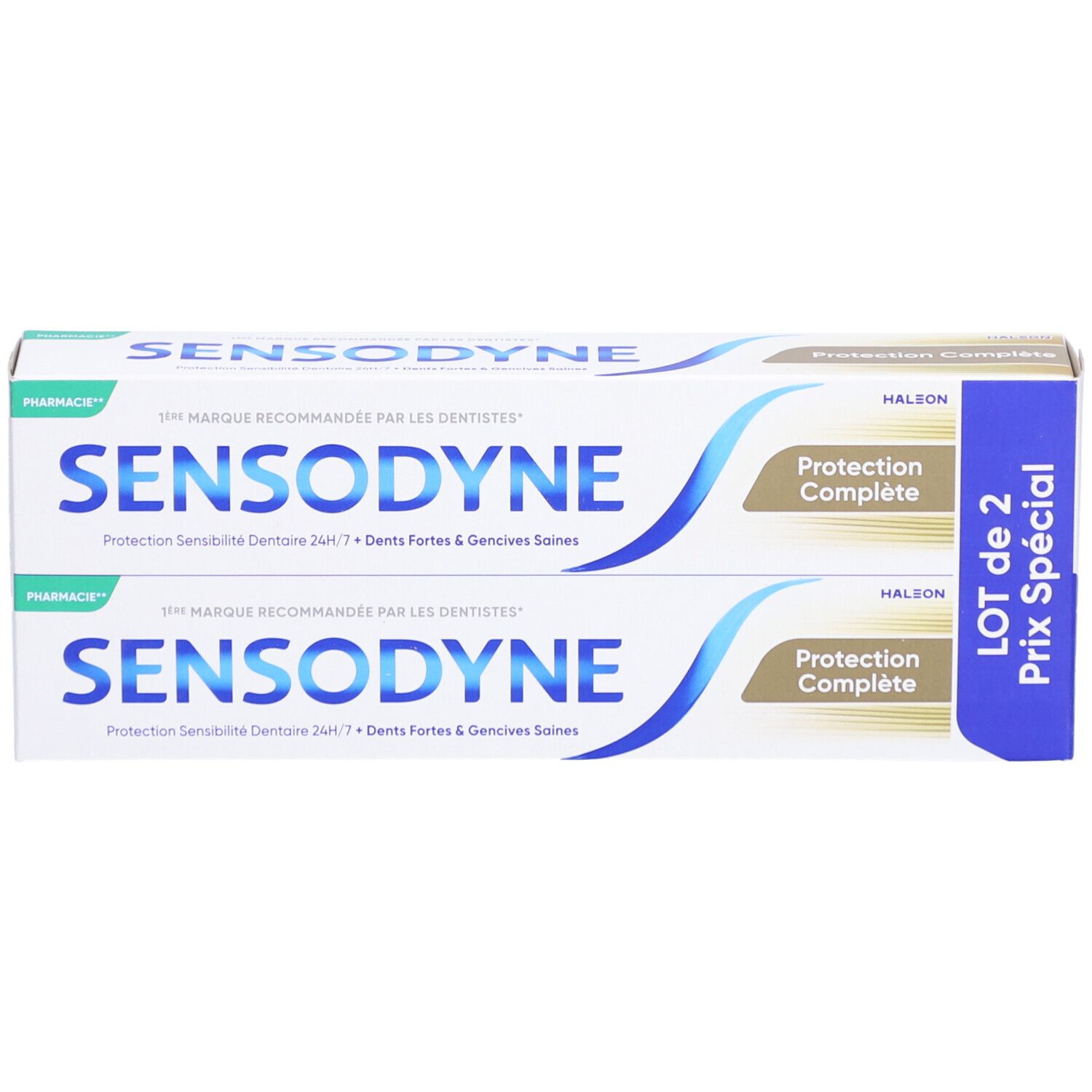 Deux tubes de dentifrice Sensodyne dans une boîte. Inscription: Protection Complète. Offre spéciale.