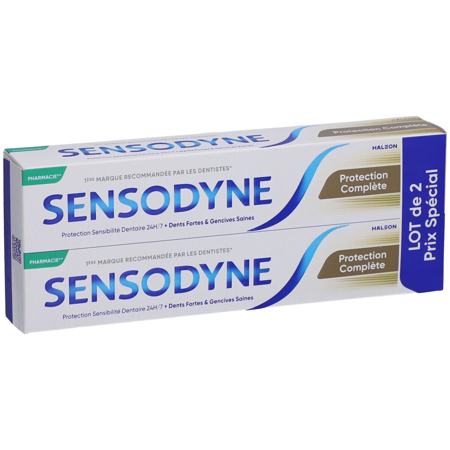Deux tubes de dentifrice Sensodyne dans une boîte. Inscription: Protection Complète. Offre spéciale.