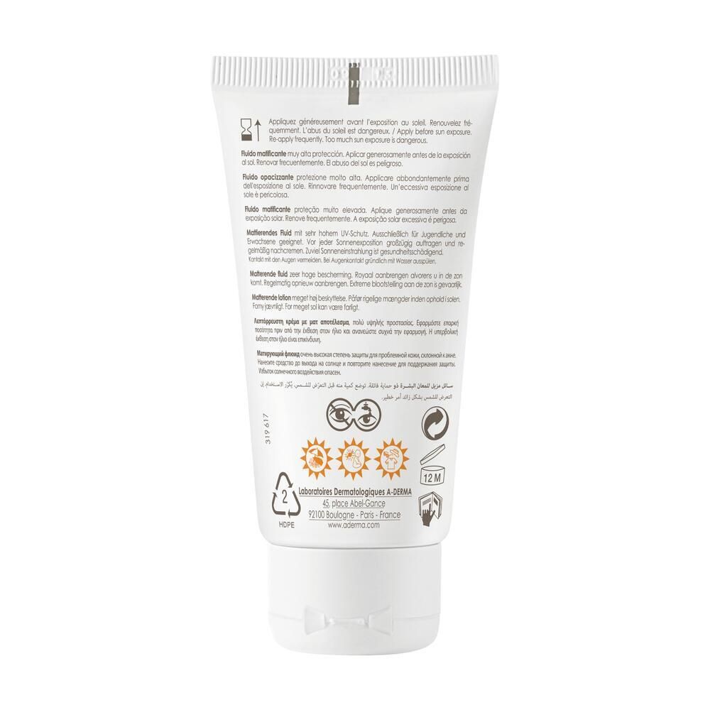 Rückseite der A-Derma Protect AC Tube. Text in mehreren Sprachen. Symbole für Sonnenschutz und Haltbarkeit.
