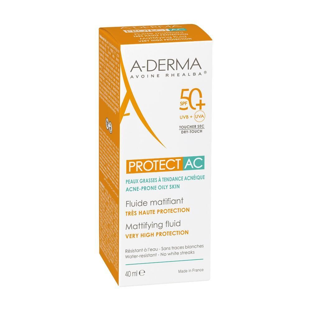 A-Derma Protect AC, Verpackung. Orangefarbene Schachtel mit Produktinformationen. SPF 50+ und Text.