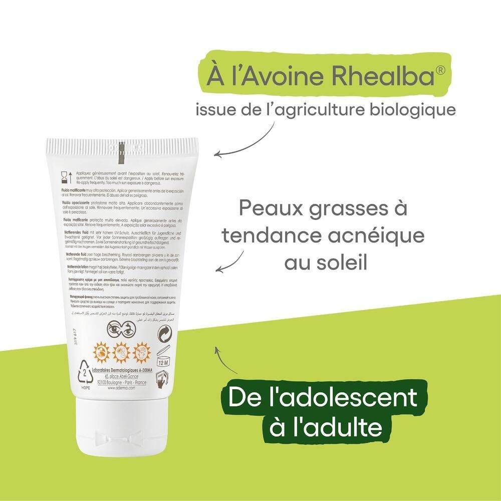 Rückseite der A-Derma Protect AC Tube. Text und Illustrationen. Produkt für zu Akne neigende Haut.