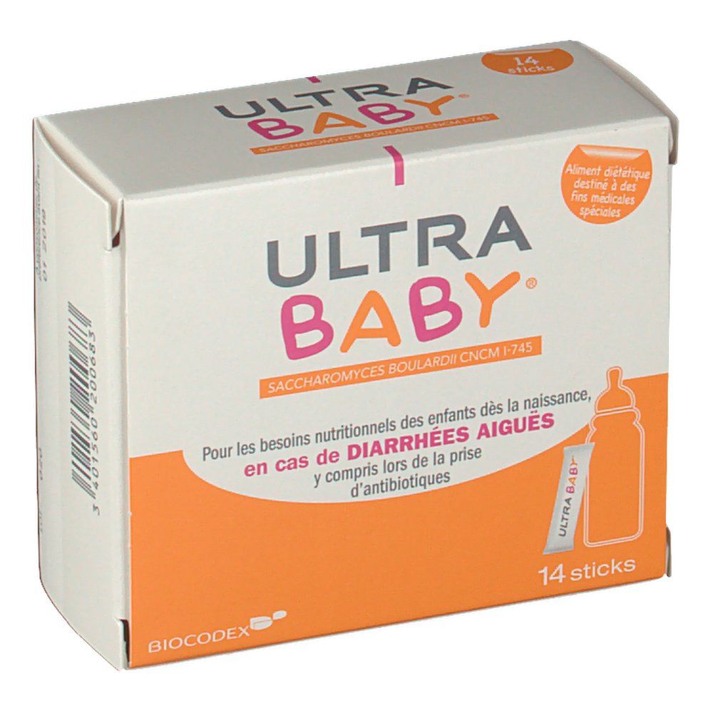 Boîte Ultra-Baby. Carton blanc et orange avec nom et informations. Contient 14 sticks.