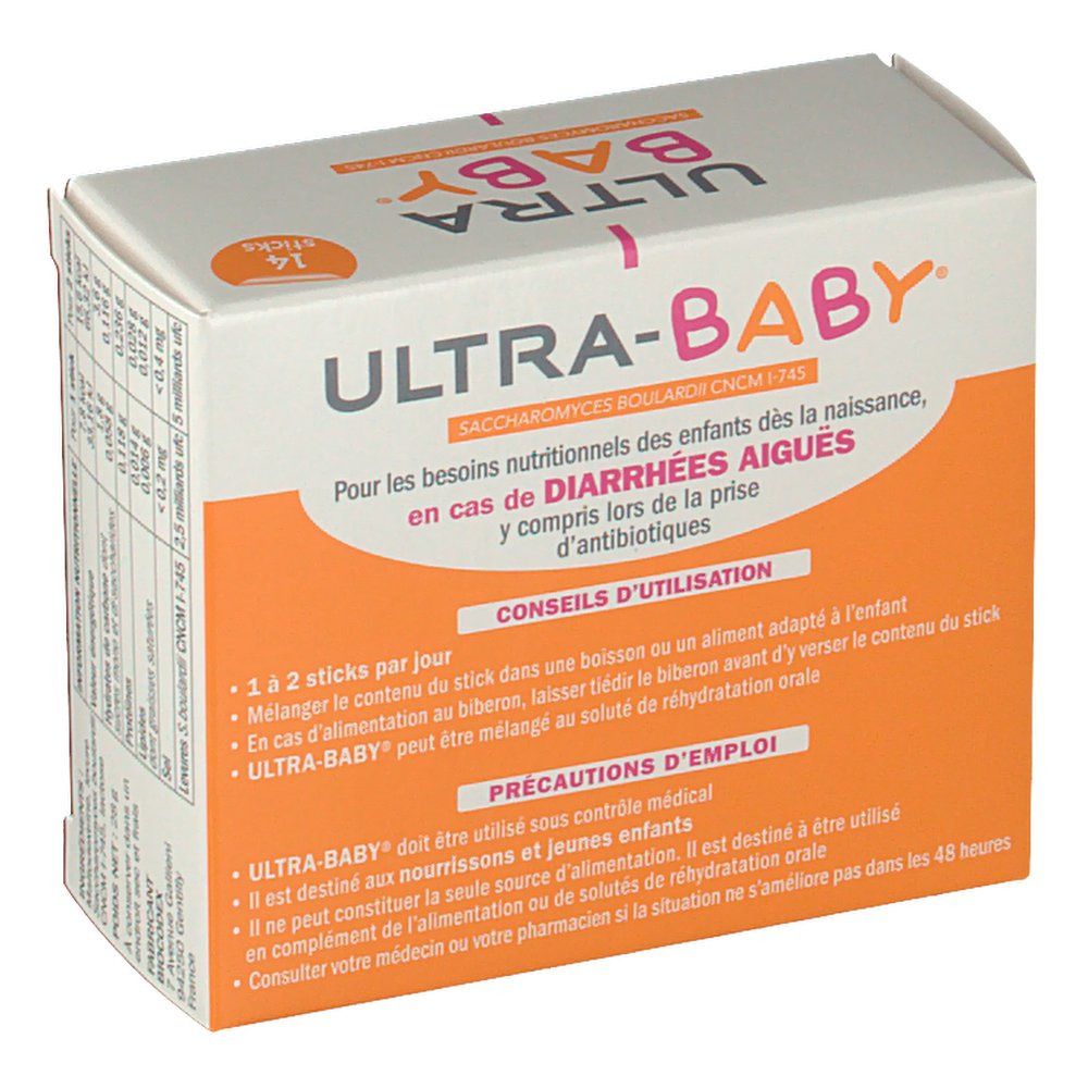 Boîte Ultra-Baby. Texte avec conseils d'utilisation et précautions. 14 sticks.