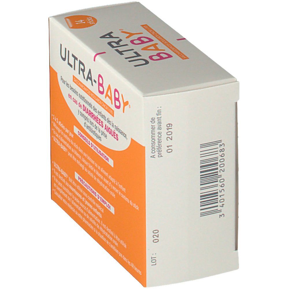 Boîte Ultra-Baby, dos. Numéro de lot et date de péremption. 14 sticks.