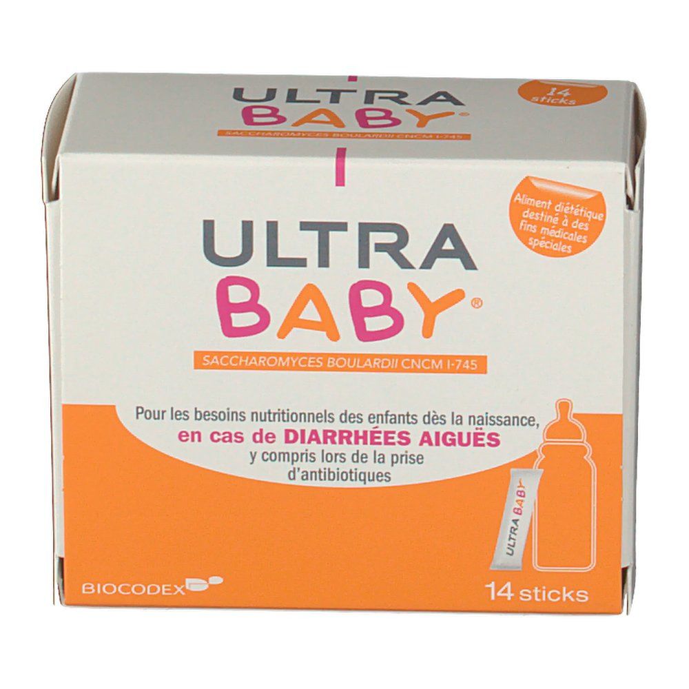 Boîte Ultra-Baby. Carton blanc et orange avec nom et informations. Contient 14 sticks.