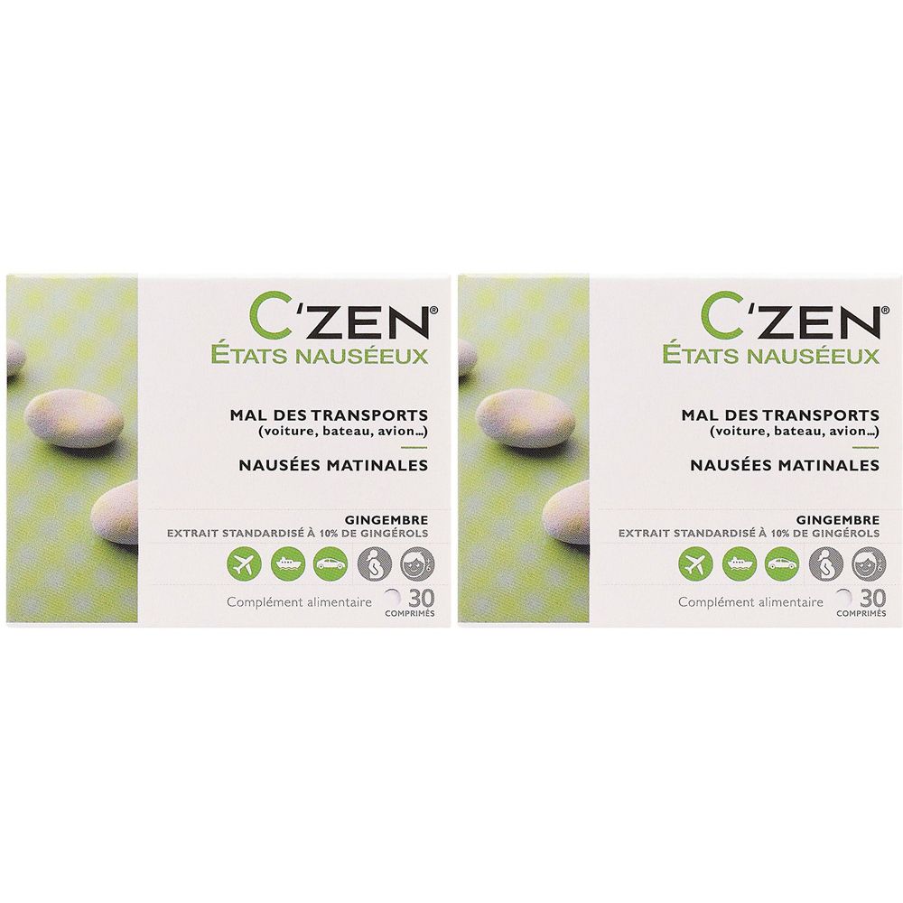 Deux boîtes de C'Zen® États Nauséeux. Texte: Mal des transports, Nausées matinales. 30 comprimés. Vert et blanc.