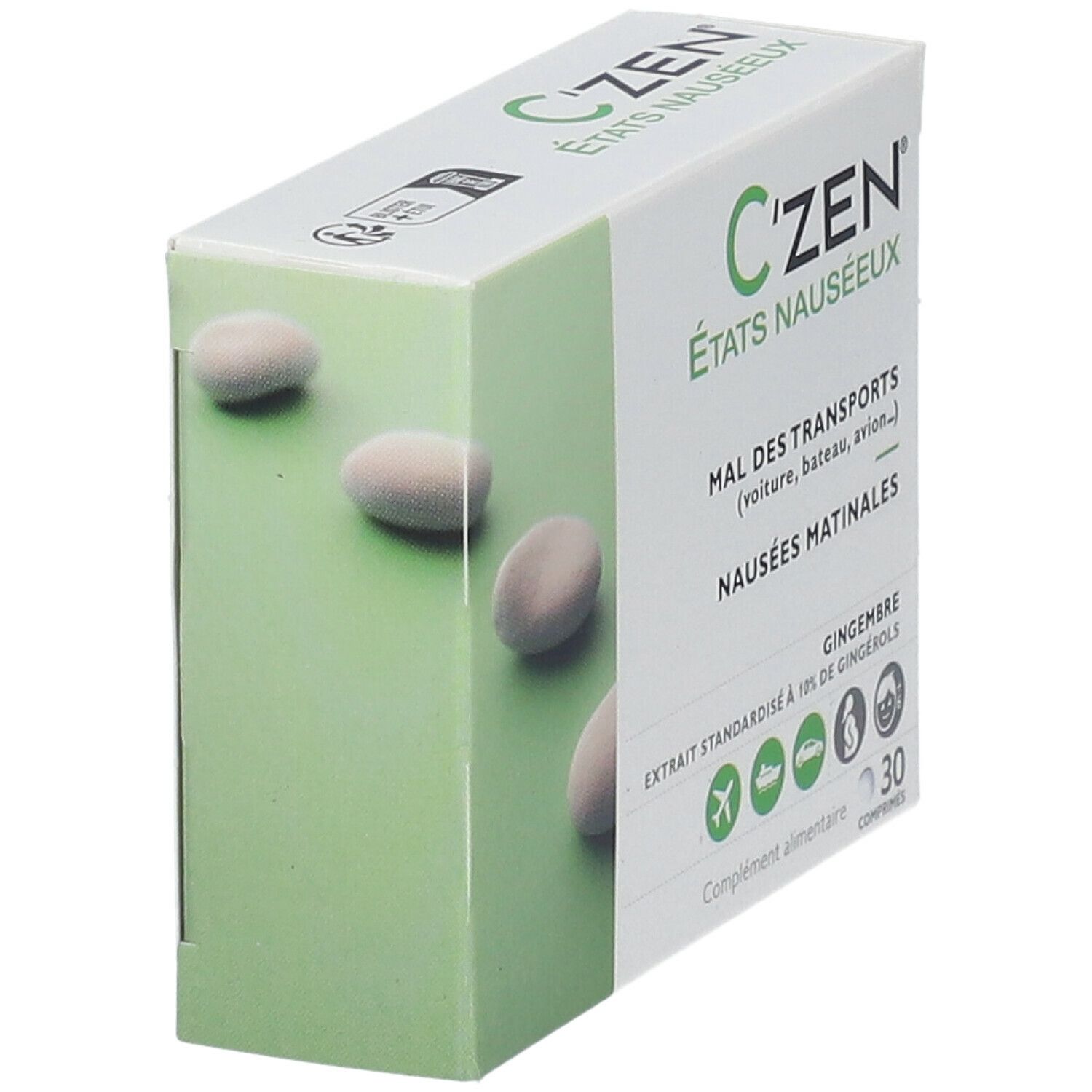 Boîte de C'Zen® États Nauséeux. Texte: Mal des transports, Nausées matinales. 30 comprimés. Vert et blanc.