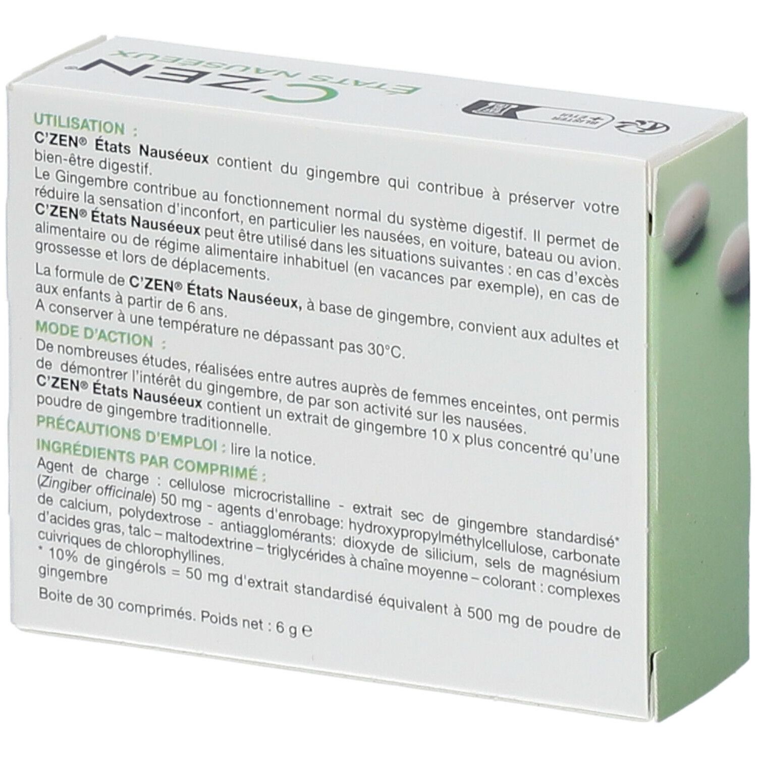 Dos de la boîte C'Zen® États Nauséeux. Texte et ingrédients. 30 comprimés. Blanc.