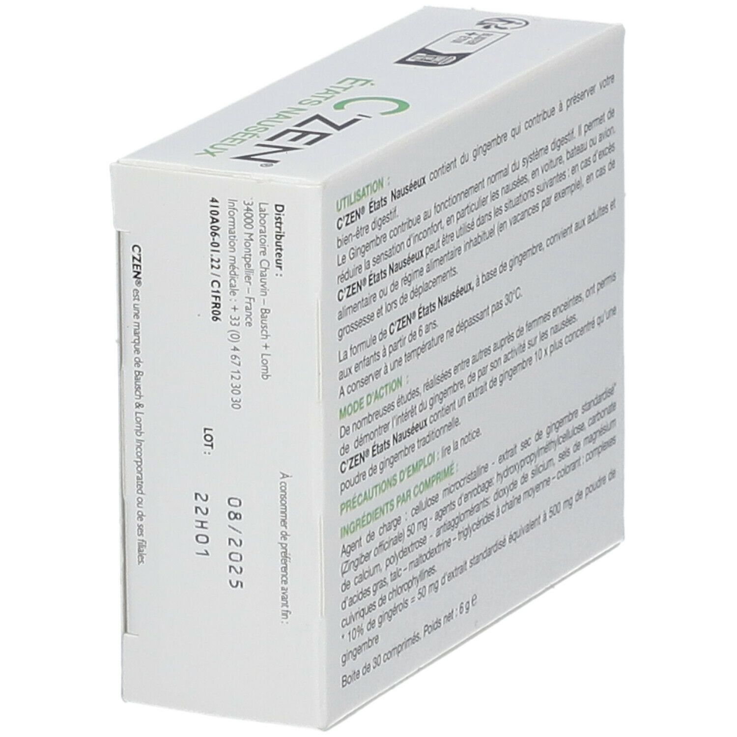 Dos de la boîte C'Zen® États Nauséeux. Texte et ingrédients. 30 comprimés. Blanc.