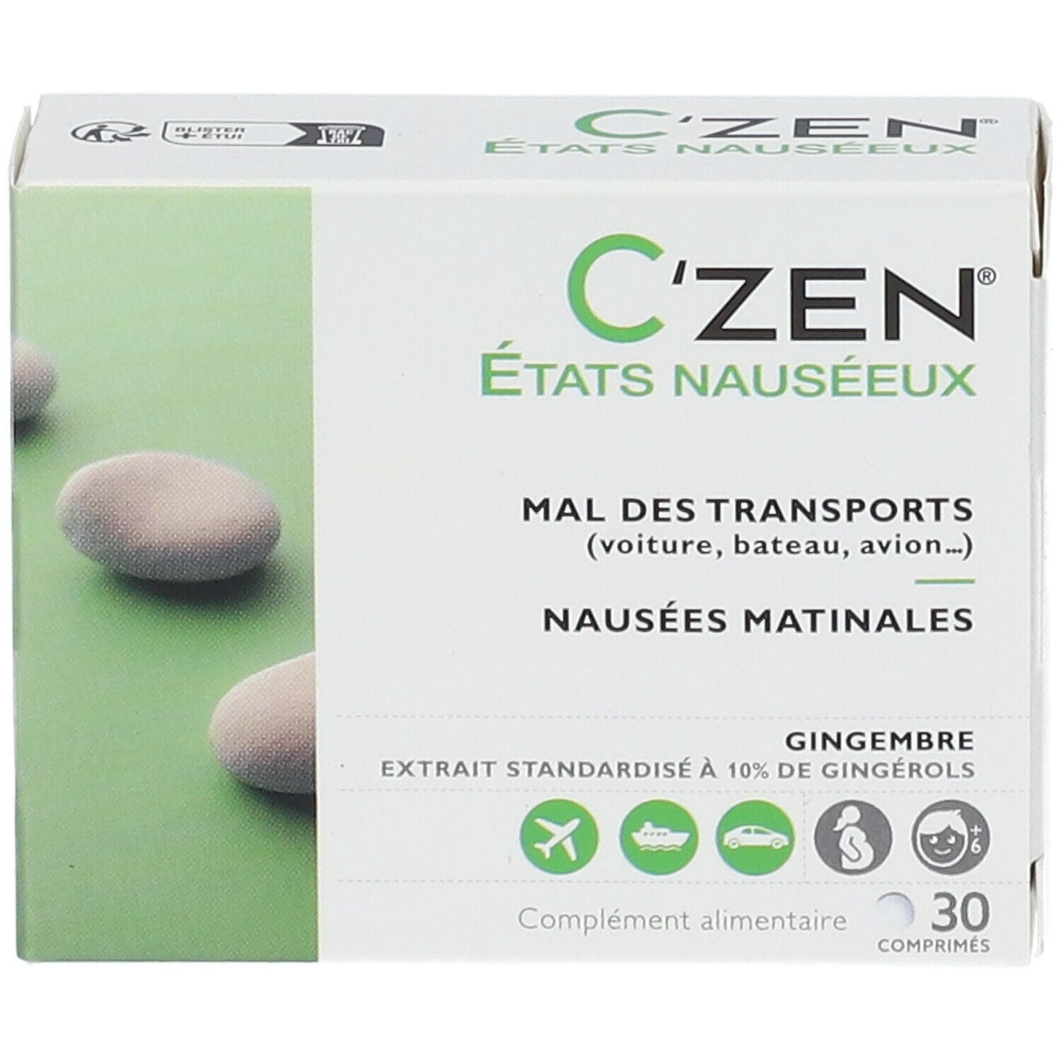 Boîte de C'Zen® États Nauséeux. Texte: Mal des transports, Nausées matinales. 30 comprimés. Vert et blanc.
