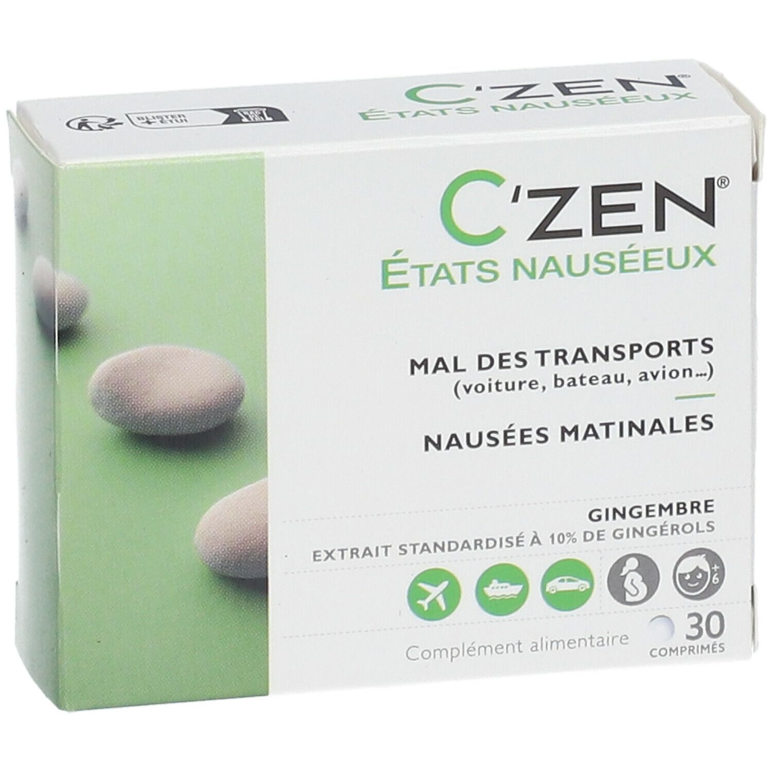Boîte de C'Zen® États Nauséeux. Texte: Mal des transports, Nausées matinales. 30 comprimés. Vert et blanc.