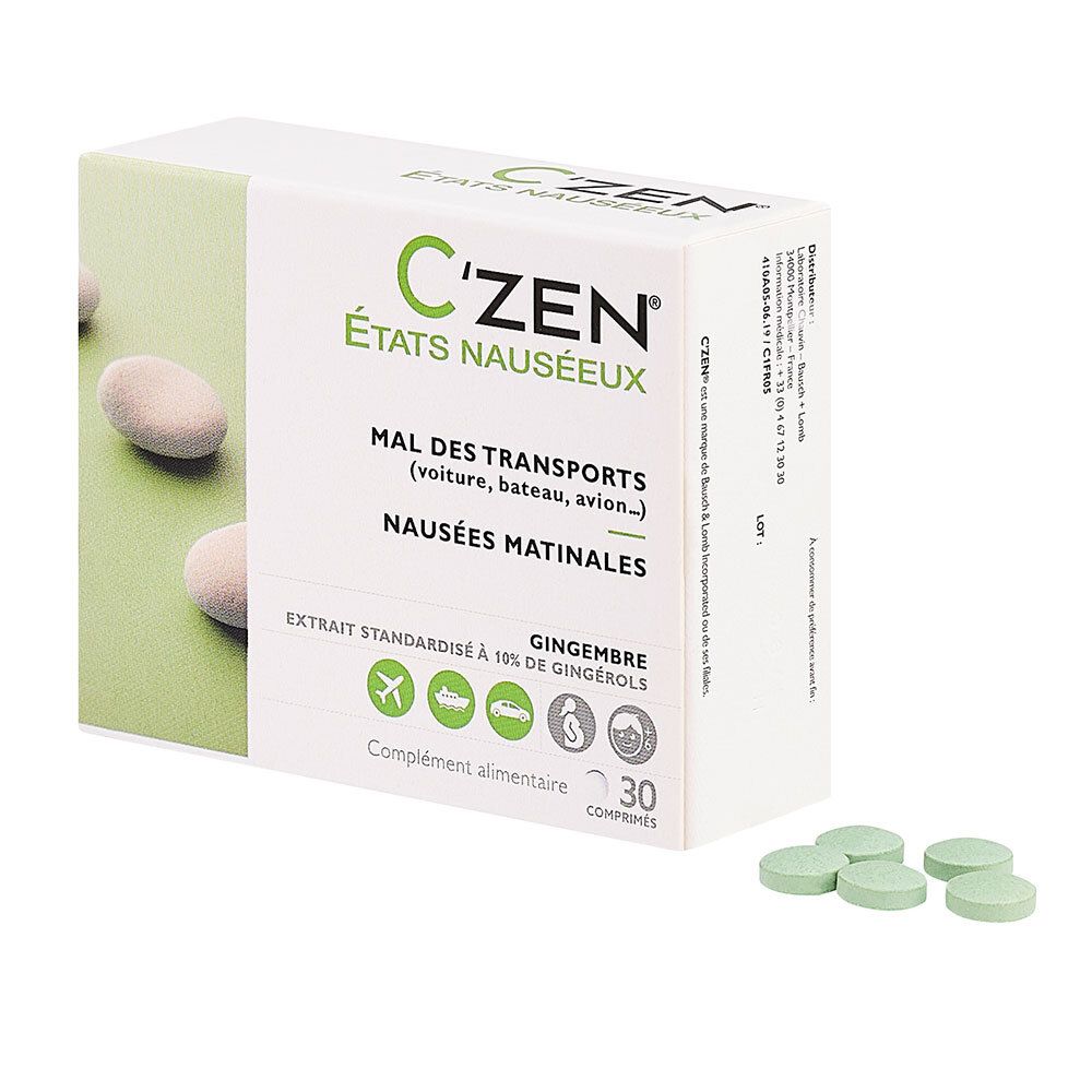 Boîte de C'Zen® États Nauséeux et comprimés verts. Texte: Mal des transports, Nausées matinales. 30 comprimés.