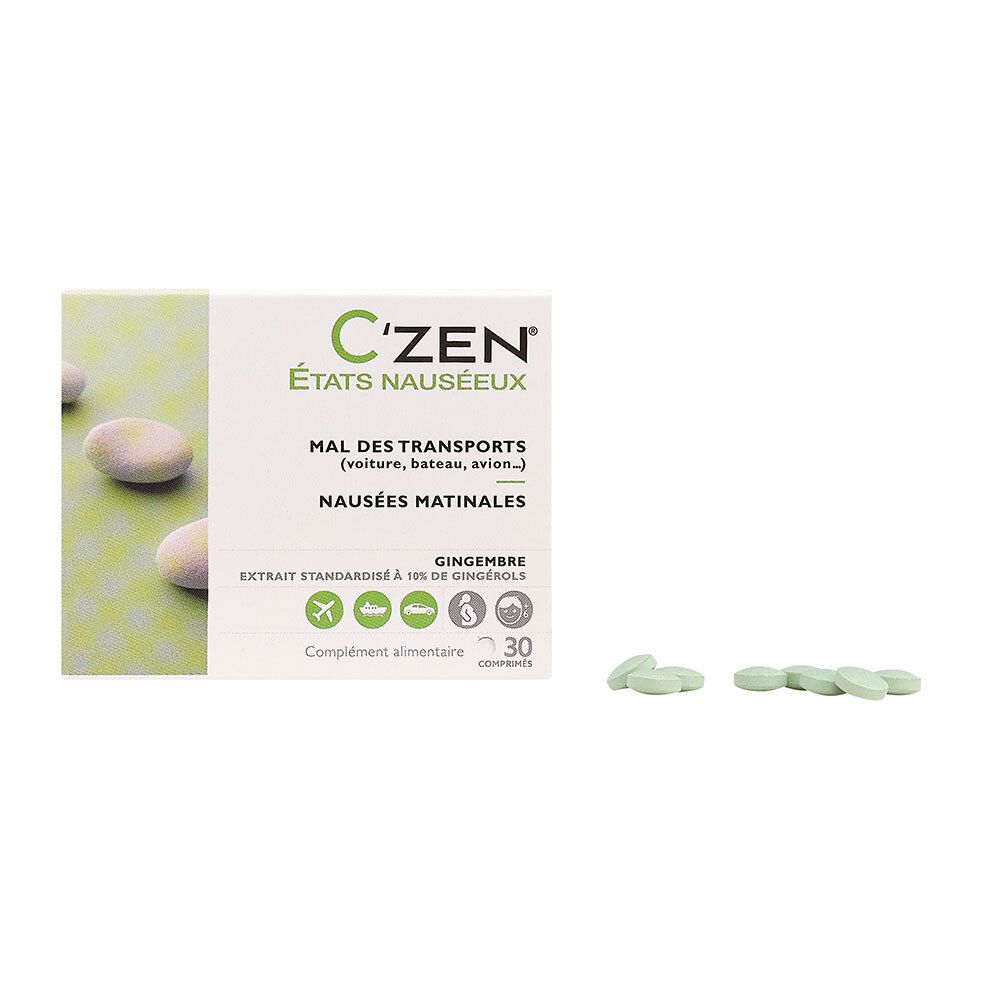 Comprimés verts à côté de la boîte C'Zen® États Nauséeux. Texte: Mal des transports, Nausées matinales. 30 comprimés.