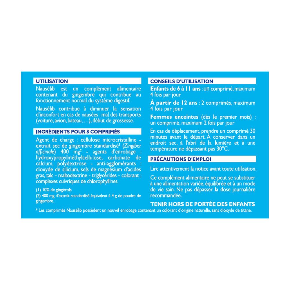 Texte sur fond blanc. Informations sur les ingrédients, l'utilisation et les précautions des comprimés Nausélib.