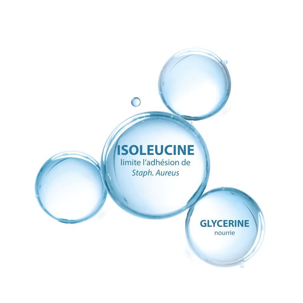Grafik mit transparenten Blasen. Text: Isoleucin, Glycerin. Beschriftungen in Französisch.