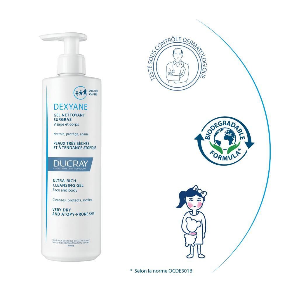Weiße Flasche mit Pumpe. Logos: Dermatologisch getestet, biologisch abbaubar. Illustration eines Mädchens.