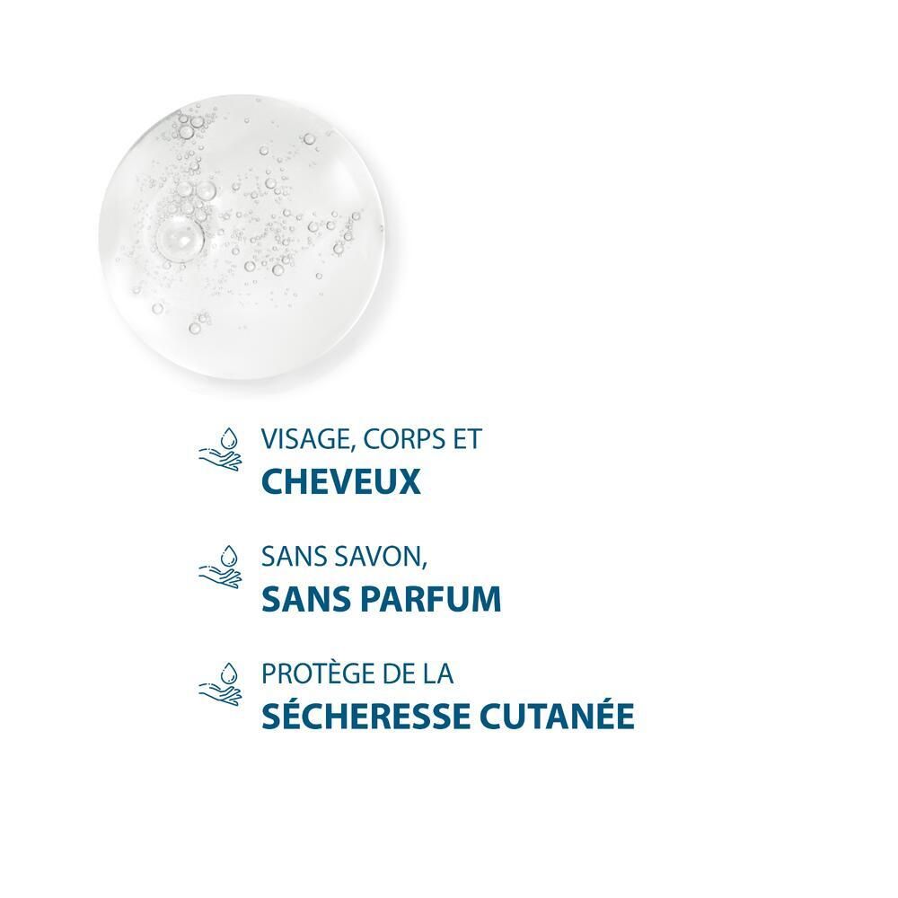 Grafik mit Wassertropfen. Text: Gesicht, Körper und Haare. Ohne Seife, ohne Parfüm. Schutz vor Hauttrockenheit.