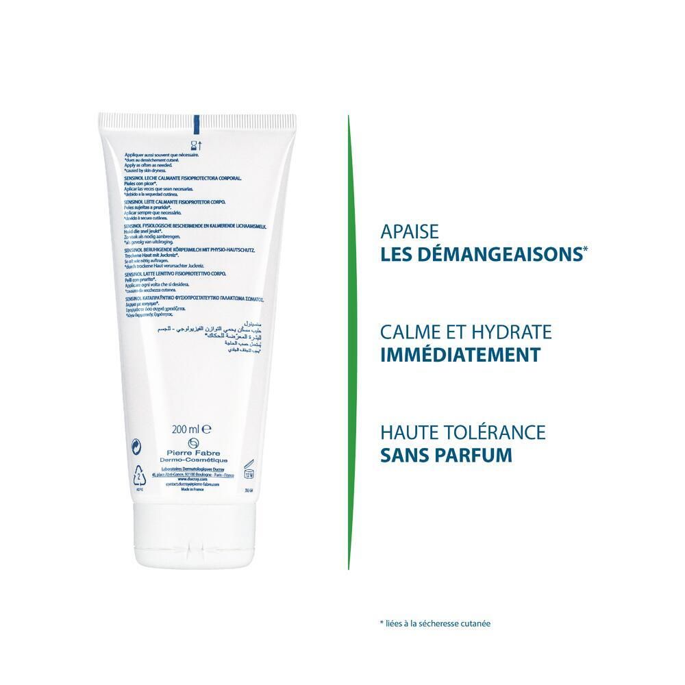Dos du tube blanc. Texte: Apaise, hydrate immédiatement. 200 ml. Logo Pierre Fabre.