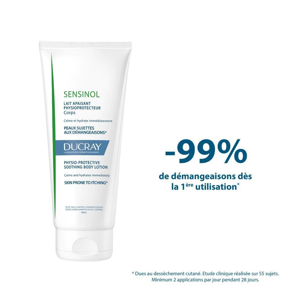 Tube blanc avec texte: SENSINOL, lotion corporelle apaisante. -99% de démangeaisons dès la 1ère utilisation.