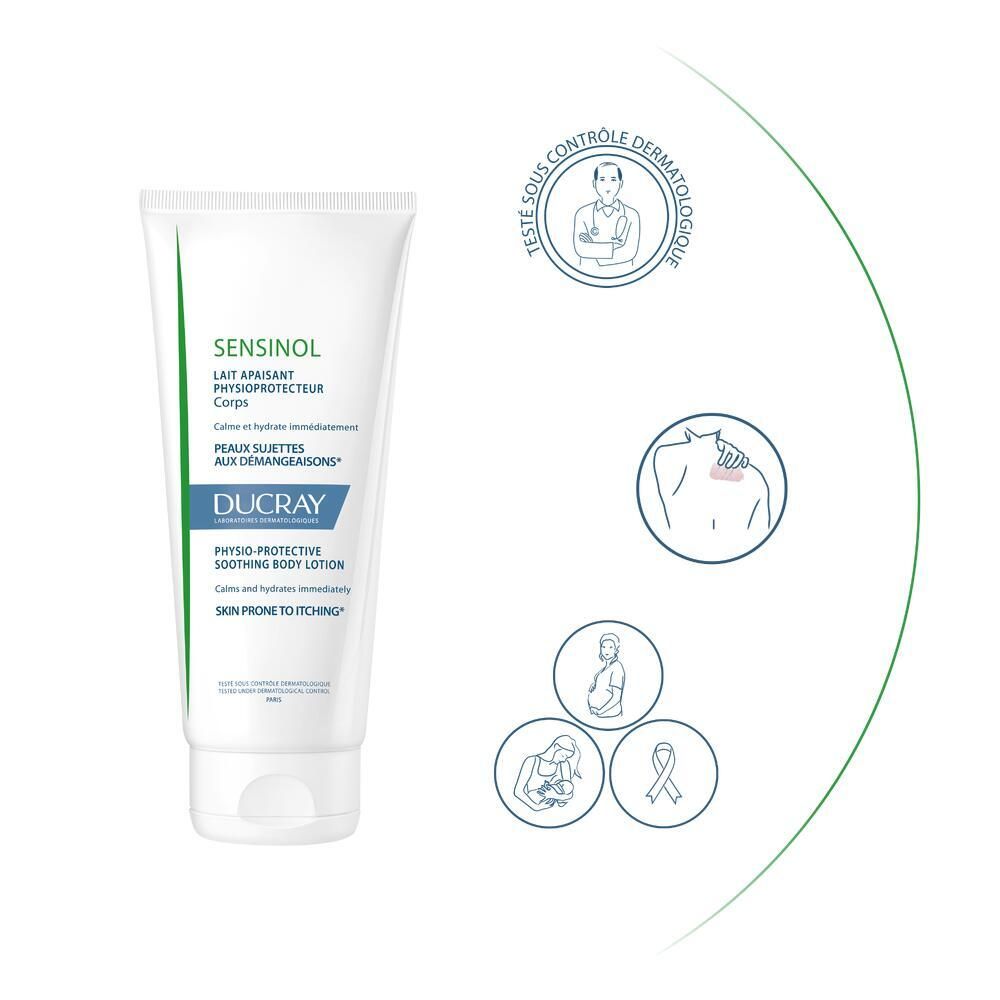 Tube blanc avec texte: SENSINOL, lotion corporelle apaisante. Logos: Contrôle dermatologique, grossesse.
