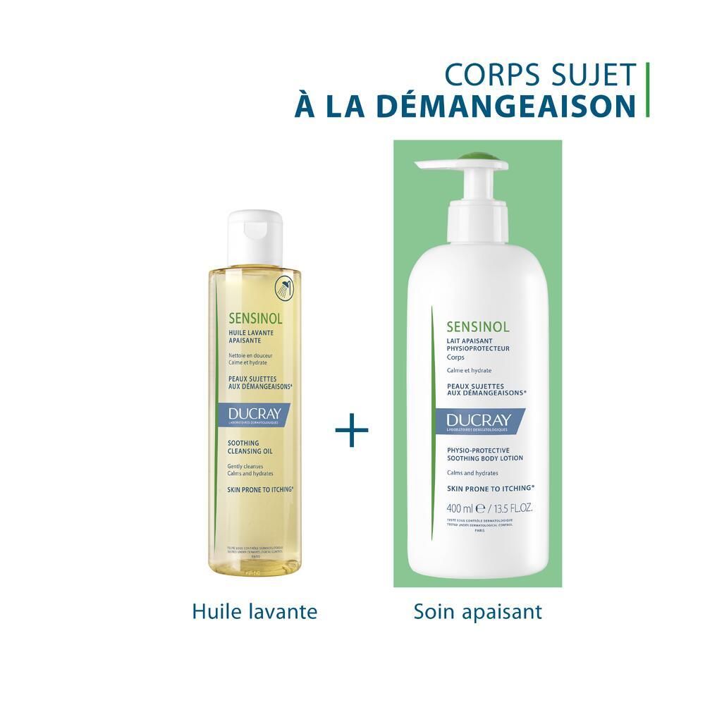 Deux produits: Huile lavante SENSINOL et lotion corporelle apaisante. Texte: Corps sujet à la démangeaison.