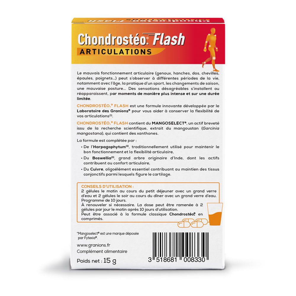 Rückseite der Schachtel Granions Chondrostéo Flash Articulation. Enthält Informationen zu Inhaltsstoffen und Anwendung.