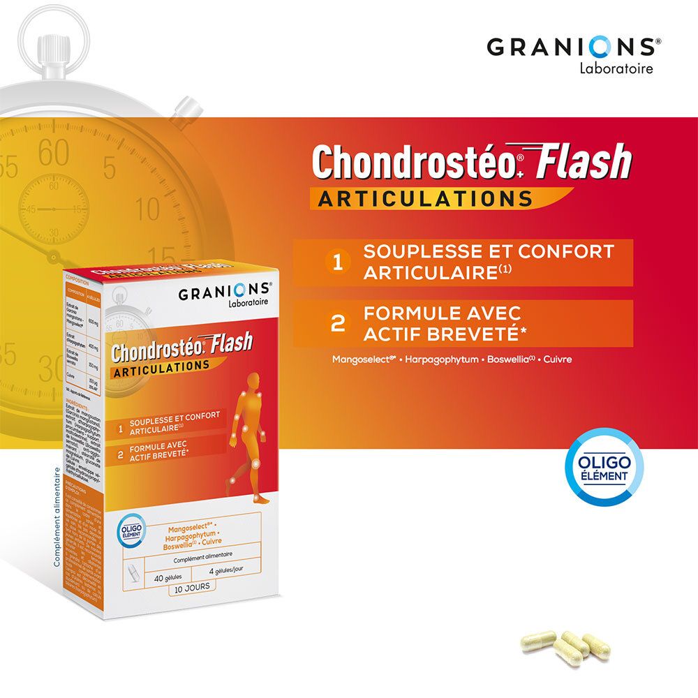 Granions Chondrostéo Flash Articulation-Schachtel mit einer Stoppuhr im Hintergrund. 40 Kapseln, 10 Tage.