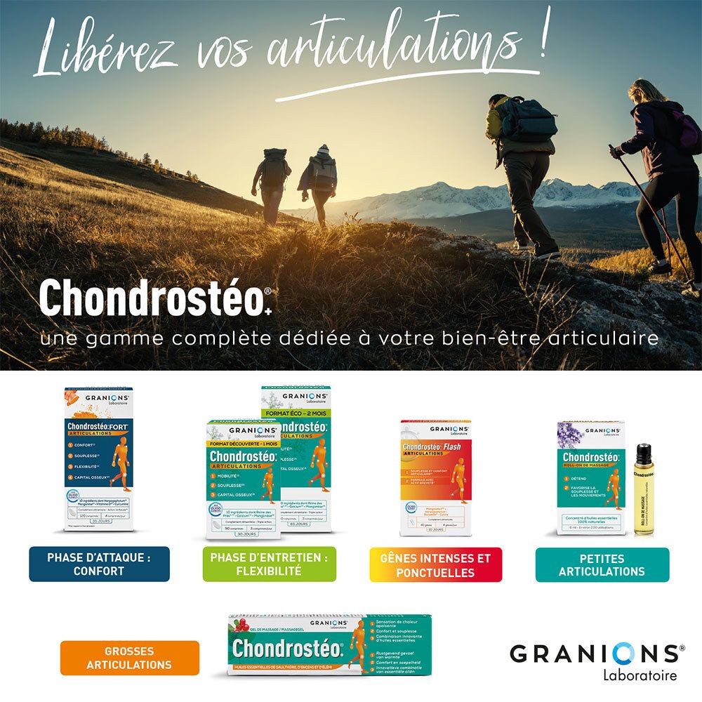 Werbebild mit verschiedenen Granions-Produkten. Chondrostéo-Produktreihe. Verschiedene Verpackungen.