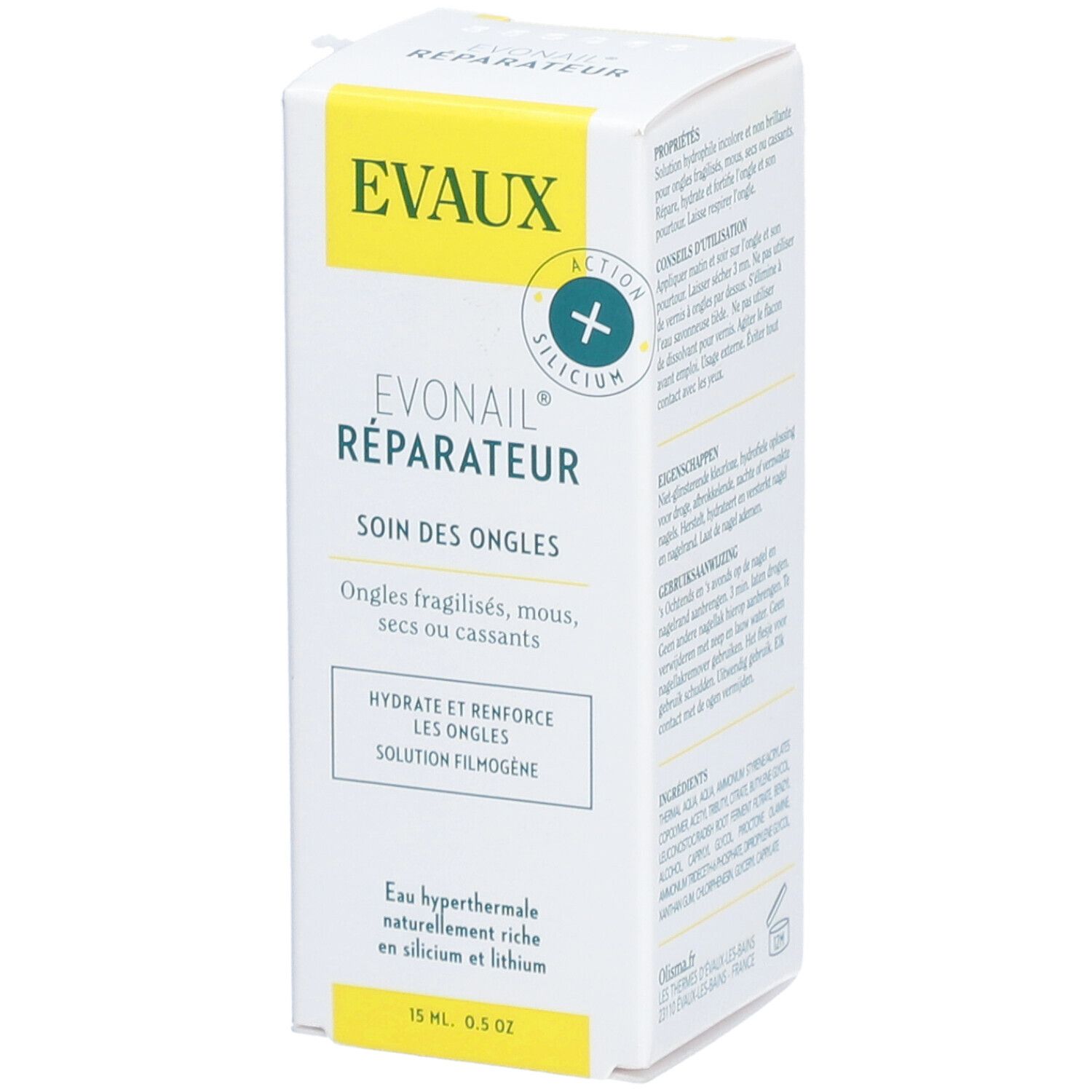 Boîte Evaux Evonail® Réparateur. Inscription en français. Soin des ongles fragilisés. Contient 15 ml. Fond blanc, détails jaunes.