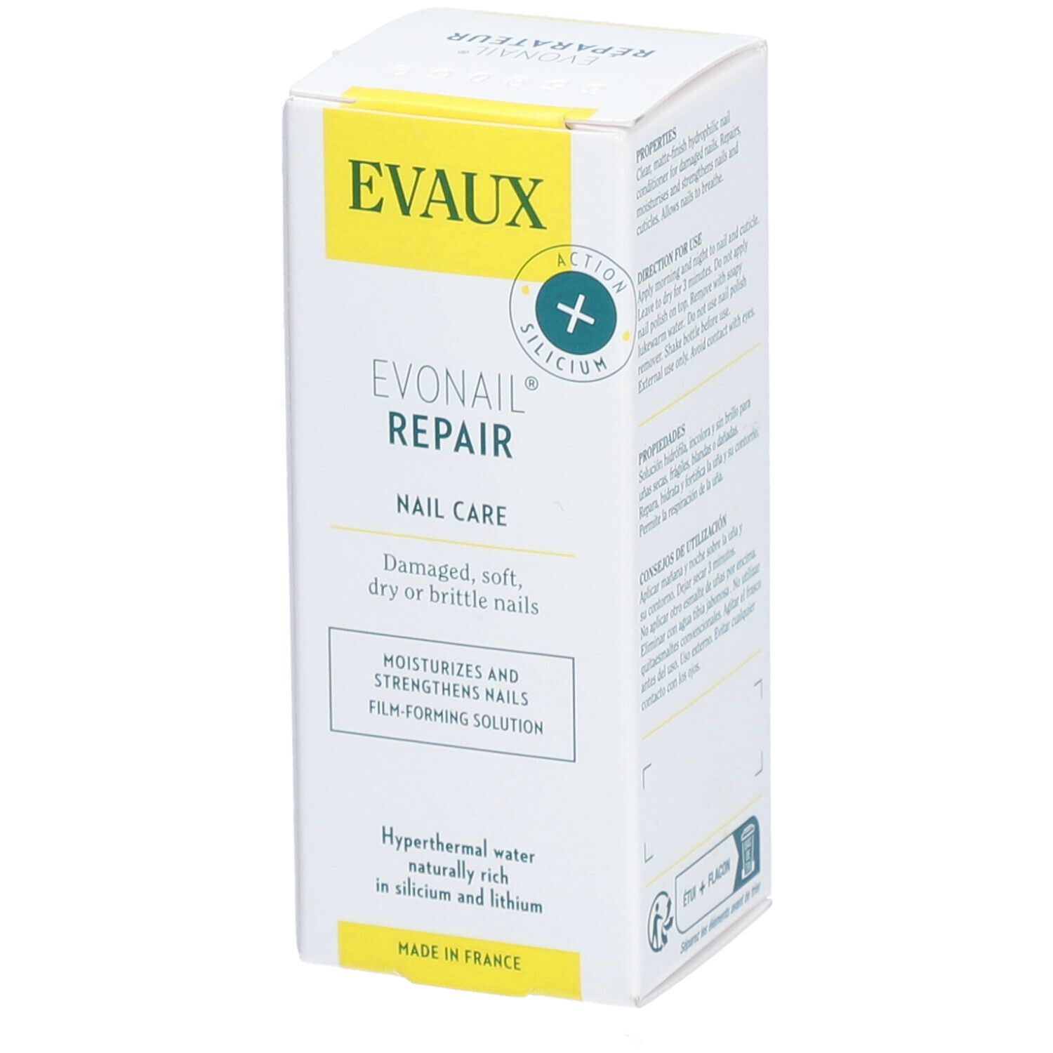 Boîte Evaux Evonail® Repair. Inscription en anglais. Soin des ongles. Fabriqué en France. Fond blanc, détails jaunes.