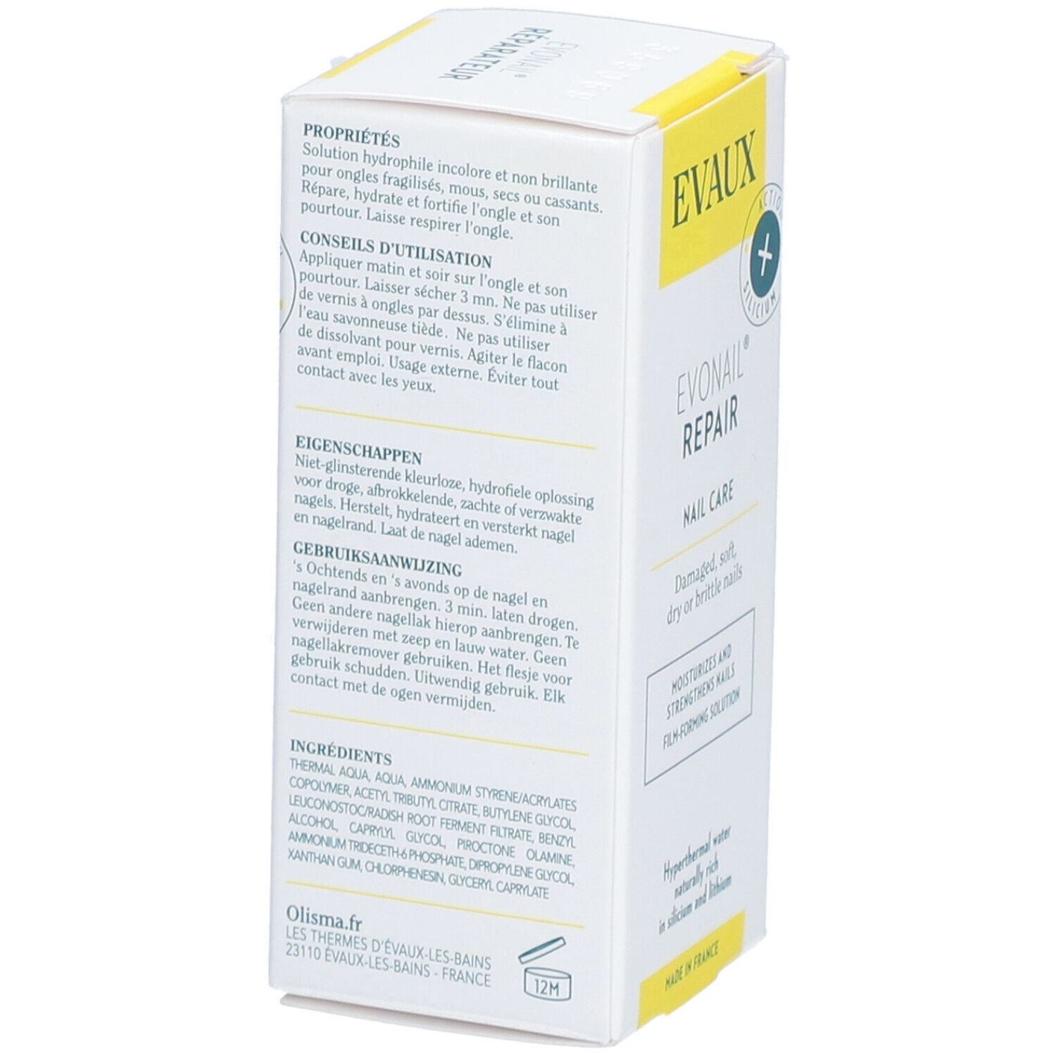 Boîte Evaux Evonail® Réparateur. Inscriptions en français et néerlandais. Informations produit. Fond blanc, détails jaunes.