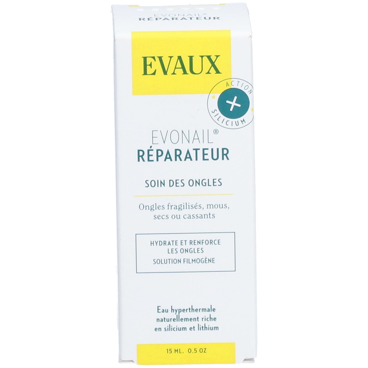 Boîte Evaux Evonail® Réparateur. Inscription en français. Soin des ongles fragilisés. Contient 15 ml. Fond blanc, détails jaunes.