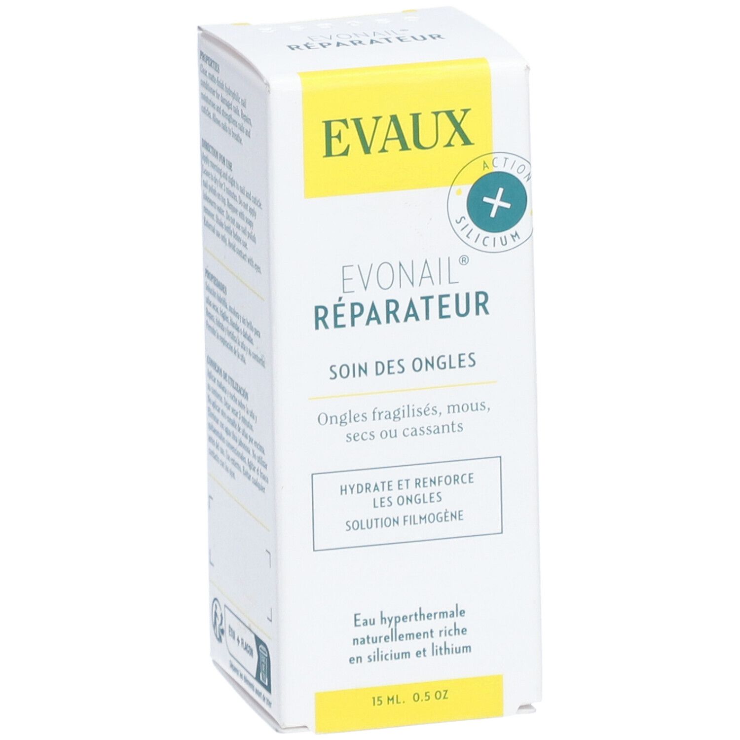 Boîte Evaux Evonail® Réparateur. Inscription en français. Soin des ongles fragilisés. Contient 15 ml. Fond blanc, détails jaunes.