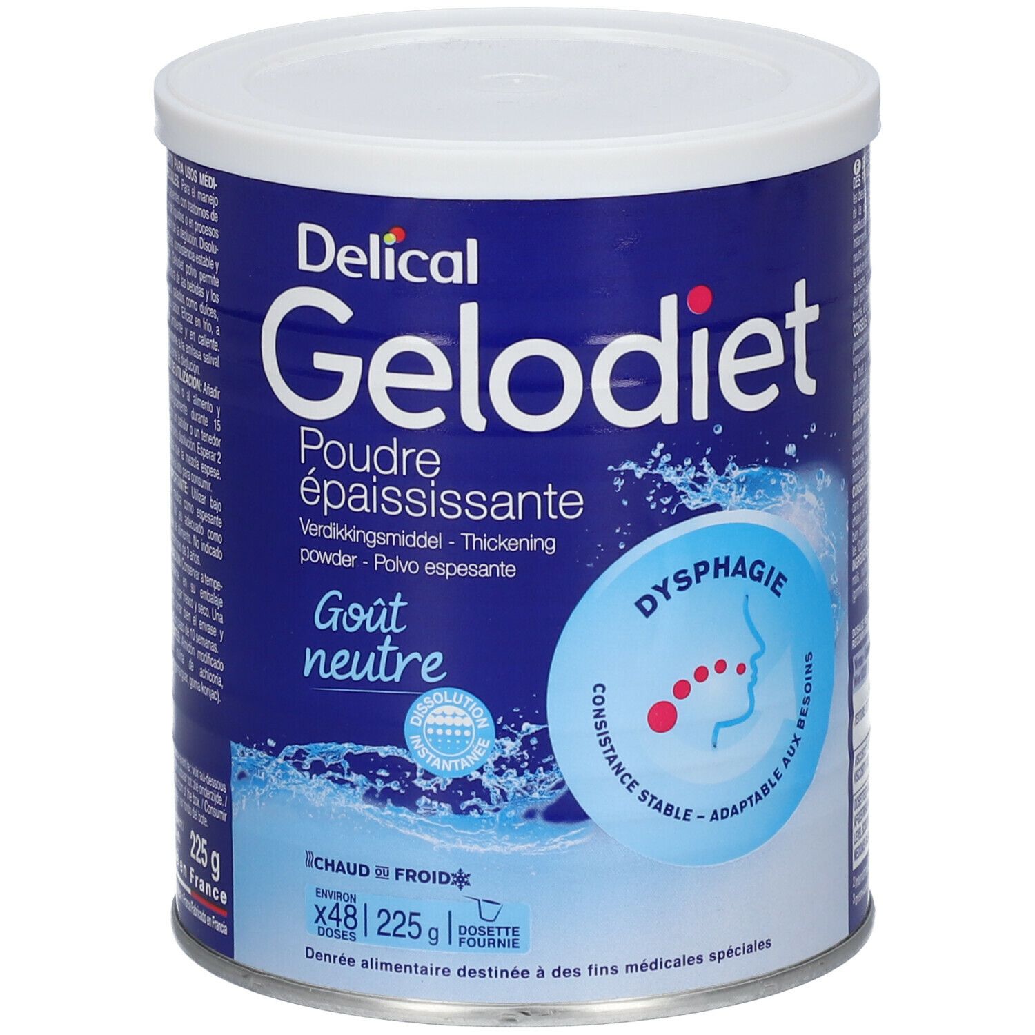 Boîte bleue avec couvercle blanc. Inscription: Delical Gelodiet, Poudre épaississante, Gout neutre. Logo Dysphagie.