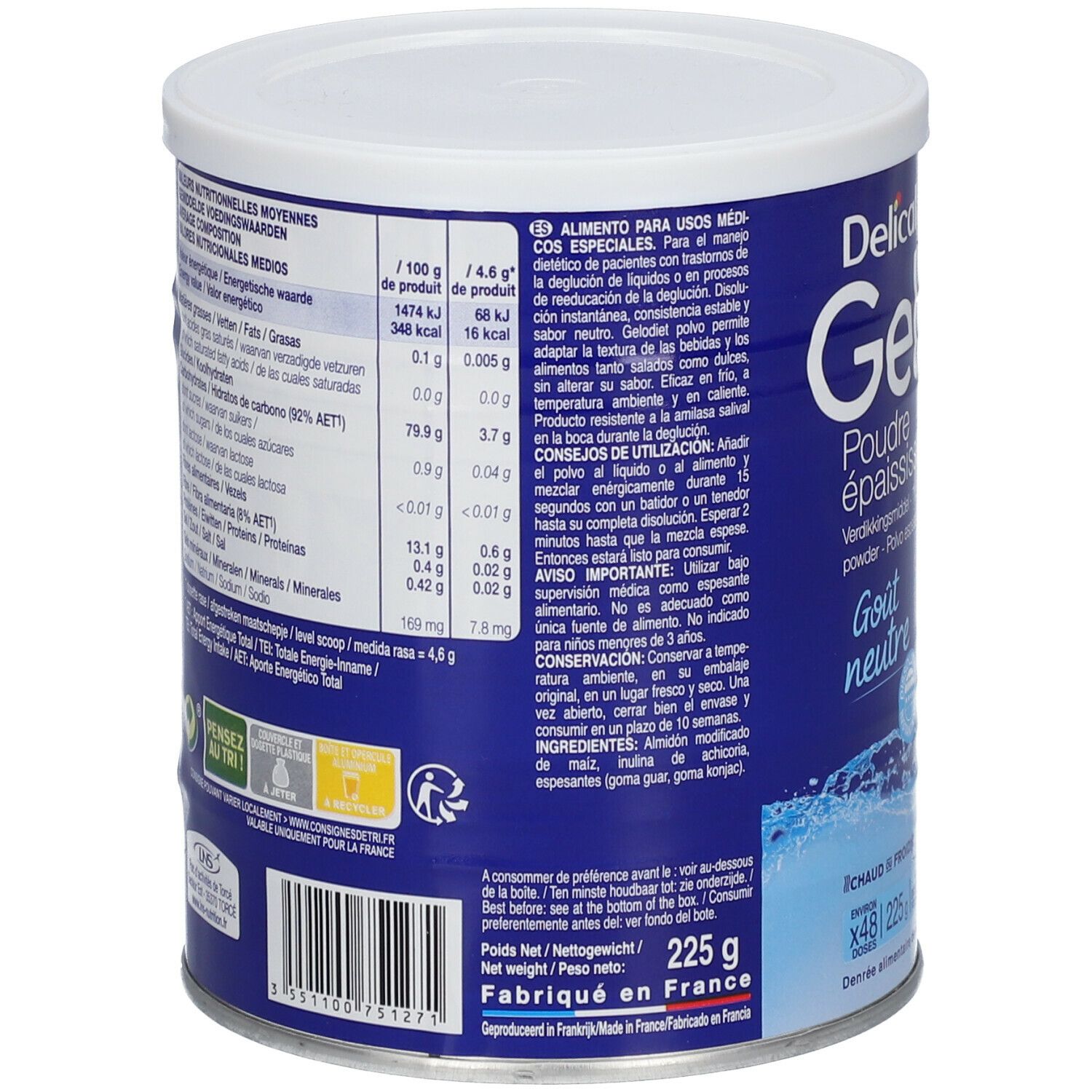 Dos de la boîte bleue. Texte en plusieurs langues. Informations nutritionnelles, ingrédients et mode d'emploi.