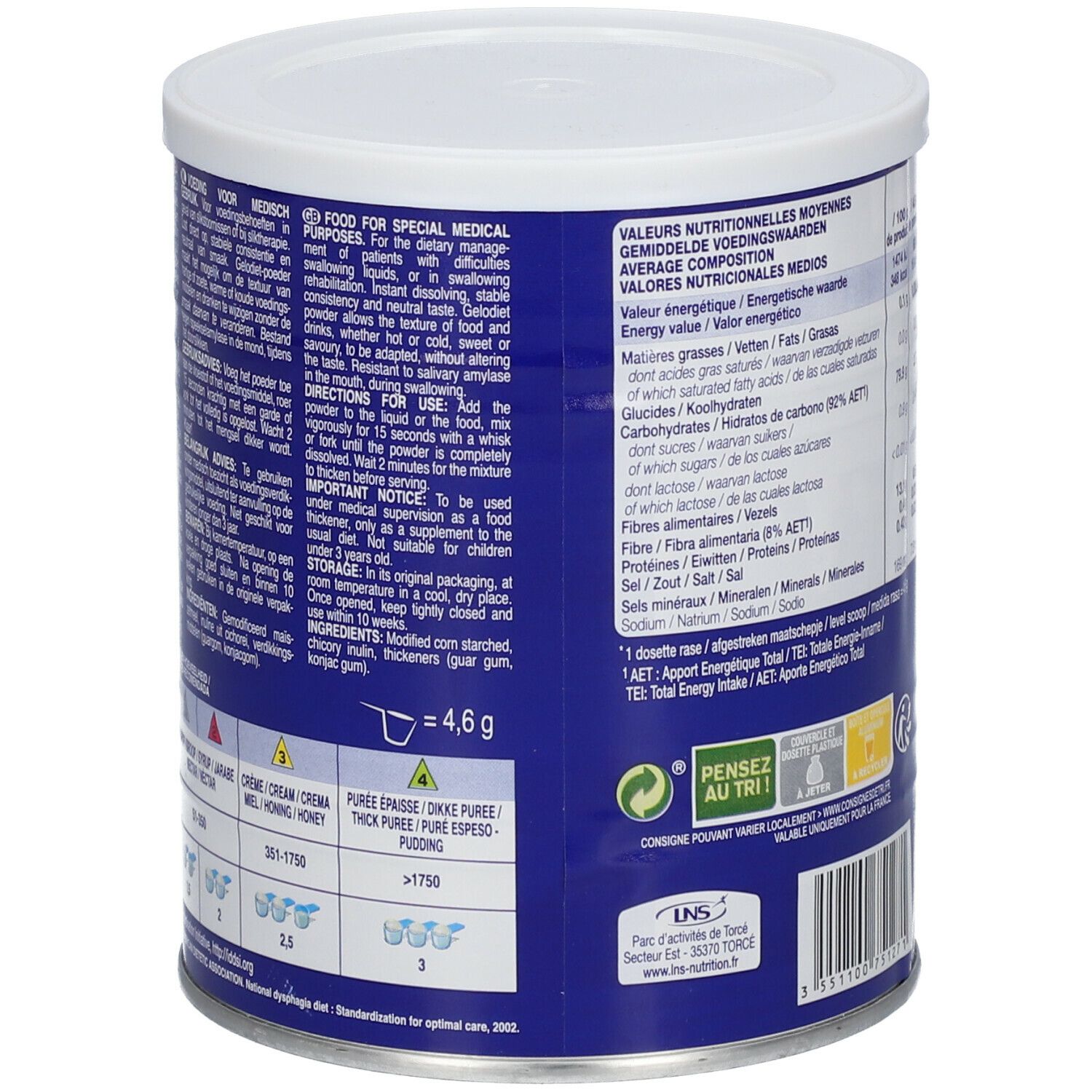 Dos de la boîte bleue. Texte en plusieurs langues. Informations nutritionnelles, ingrédients et mode d'emploi.