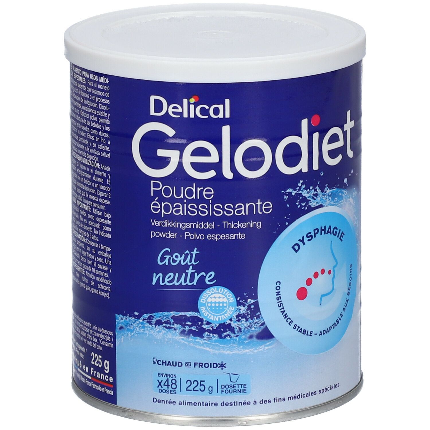 Boîte bleue avec couvercle blanc. Inscription: Delical Gelodiet, Poudre épaississante, Gout neutre. Logo Dysphagie.