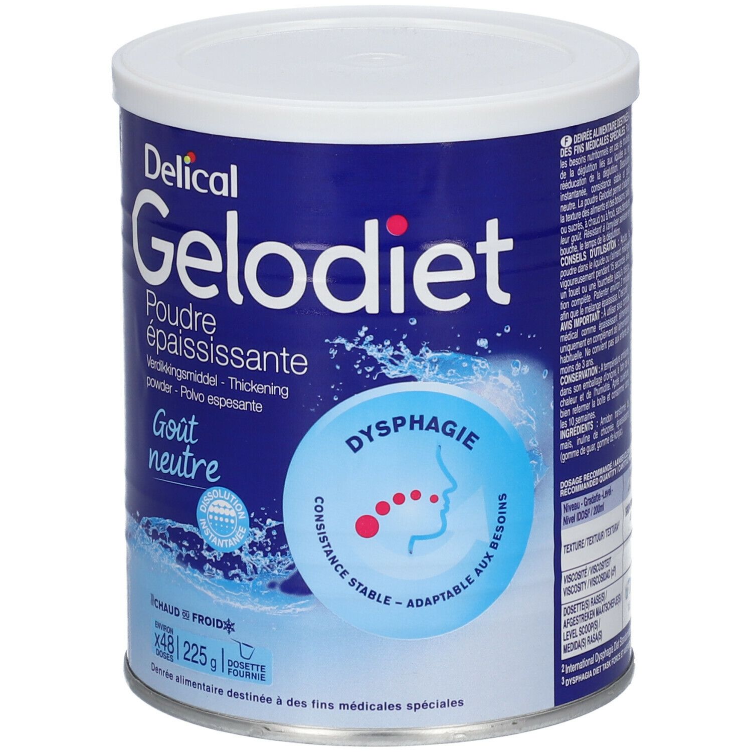 Boîte bleue avec couvercle blanc. Inscription: Delical Gelodiet, Poudre épaississante, Gout neutre. Logo Dysphagie.
