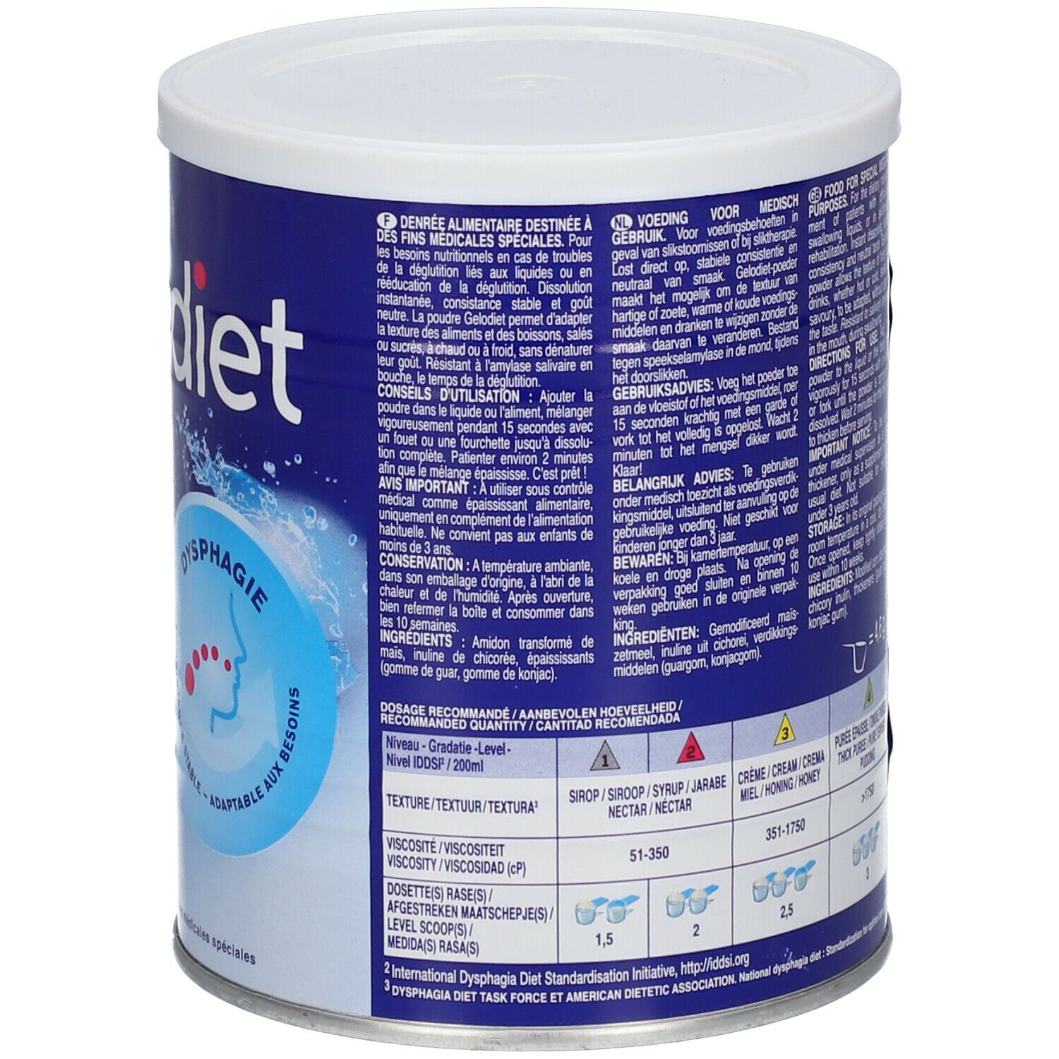Dos de la boîte bleue. Texte en plusieurs langues. Informations nutritionnelles, ingrédients et mode d'emploi.