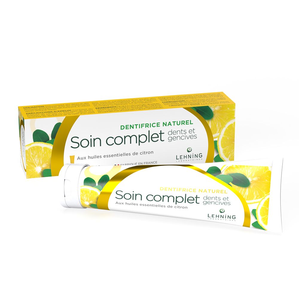Zahnpasta-Tube und Schachtel. Aufschrift: "Soin complet dents et gencives". Zitronen-Design.