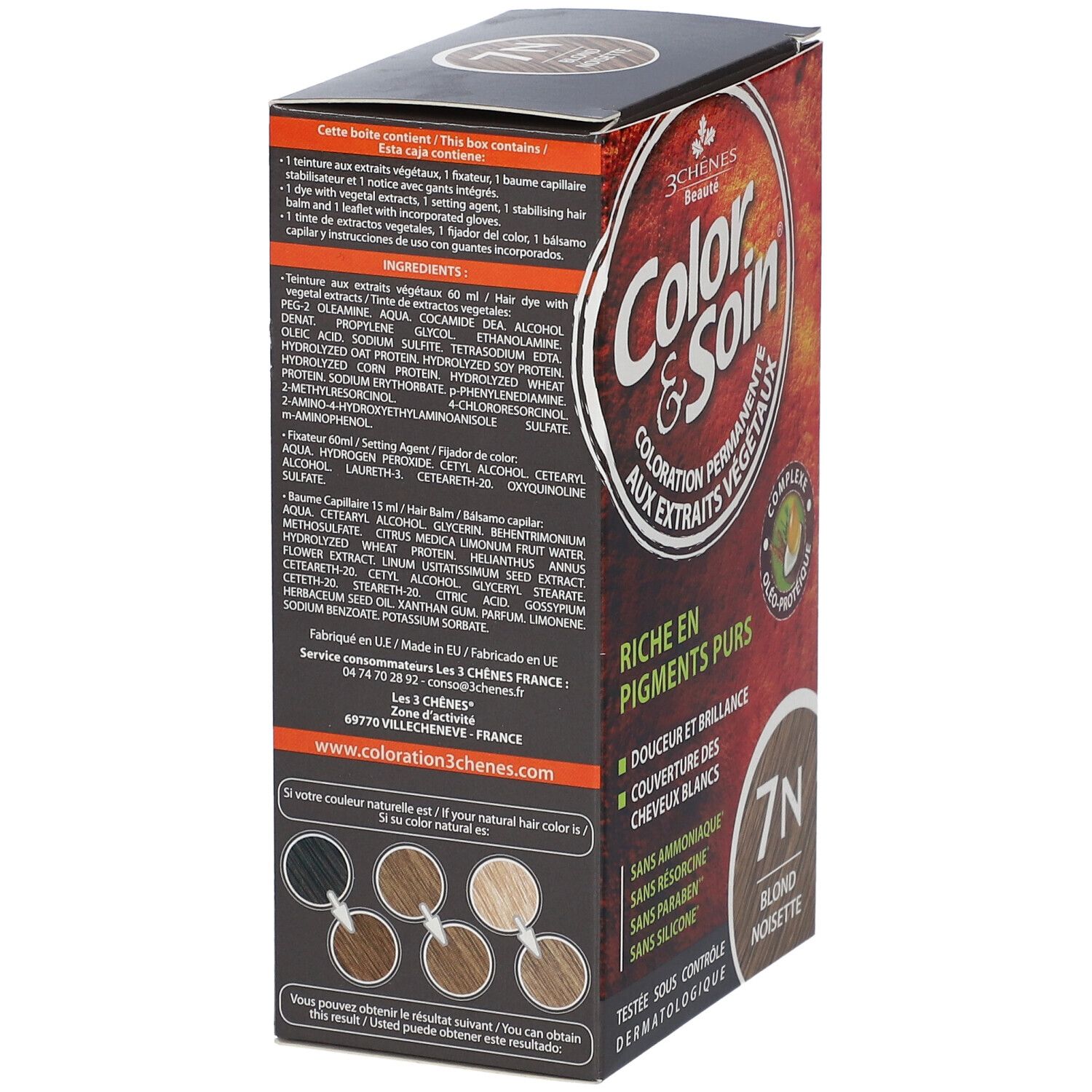 Les 3 Chênes® Color & Soin® 7N, blonde Haselnuss. Rückseite der Verpackung mit Inhaltsstoffen und Anwendungshinweisen.