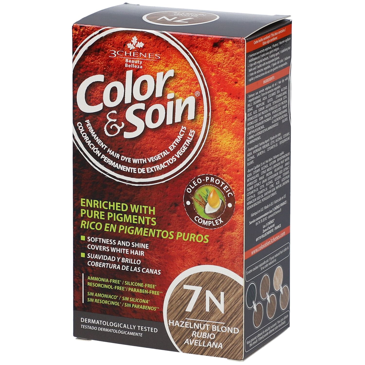 Les 3 Chênes® Color & Soin® 7N, Haselnussblond. Verpackung mit Produktinformationen und Farbbeispielen. Dermatologisch getestet.