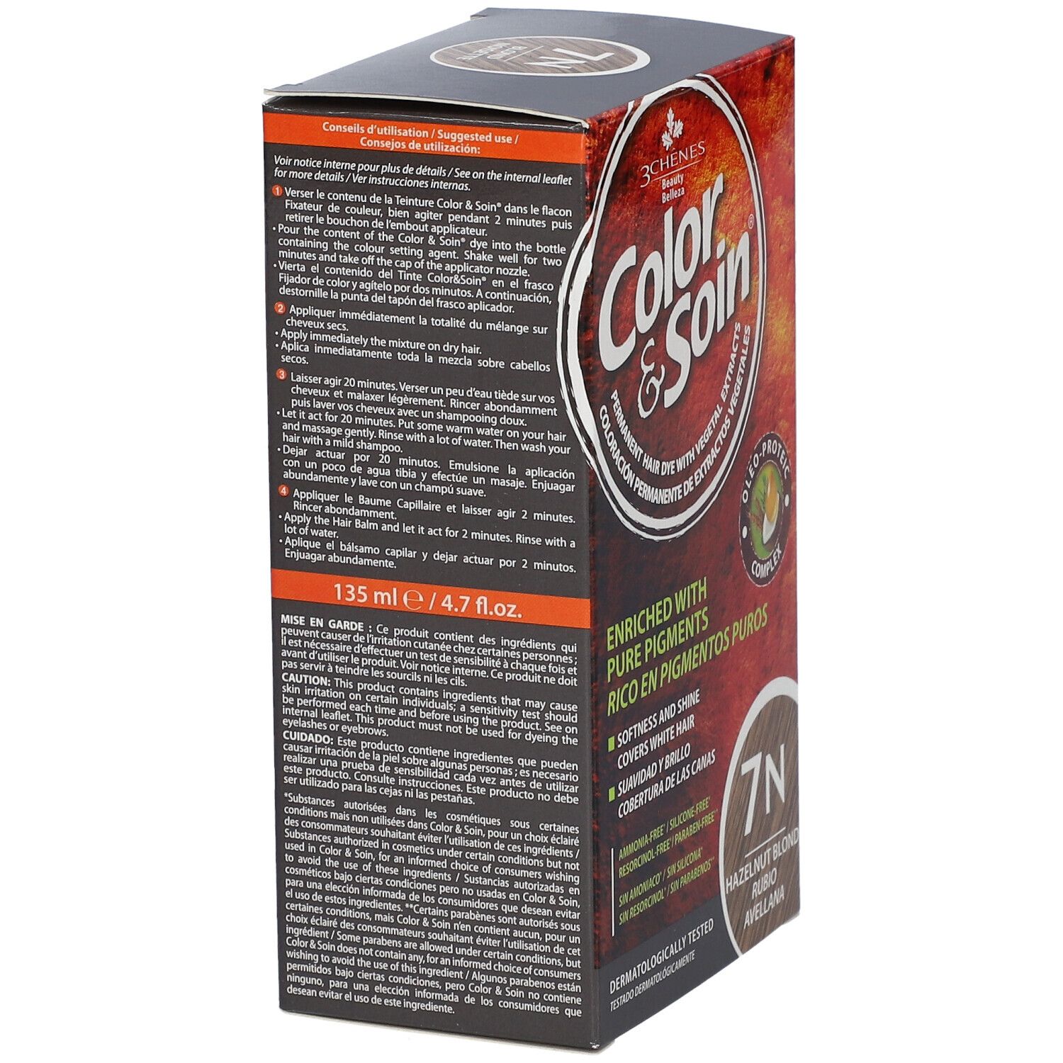 Les 3 Chênes® Color & Soin® 7N, blonde Haselnuss. Verpackung mit Anwendungshinweisen und Inhaltsangaben. 135 ml.