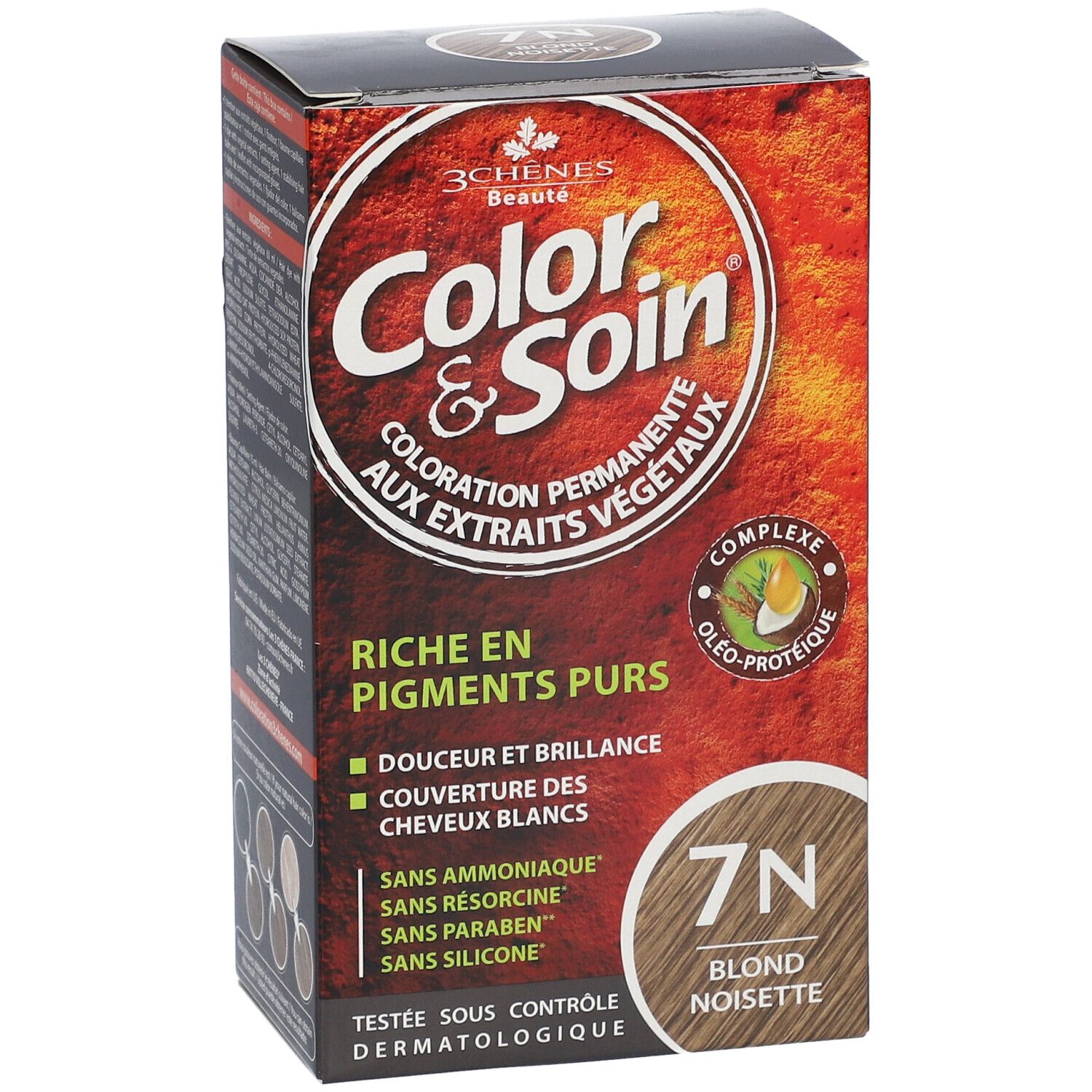 Les 3 Chênes® Color & Soin® 7N, blonde Haselnuss. Verpackung mit Produktinformationen. Dermatologisch getestet.